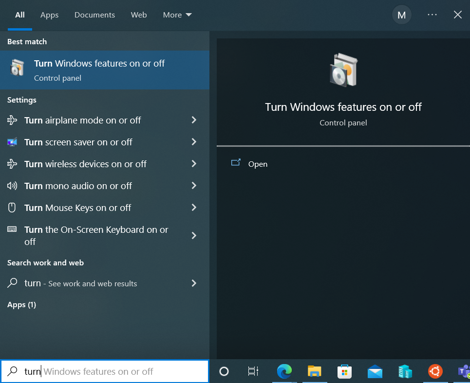 turn windows features on or off