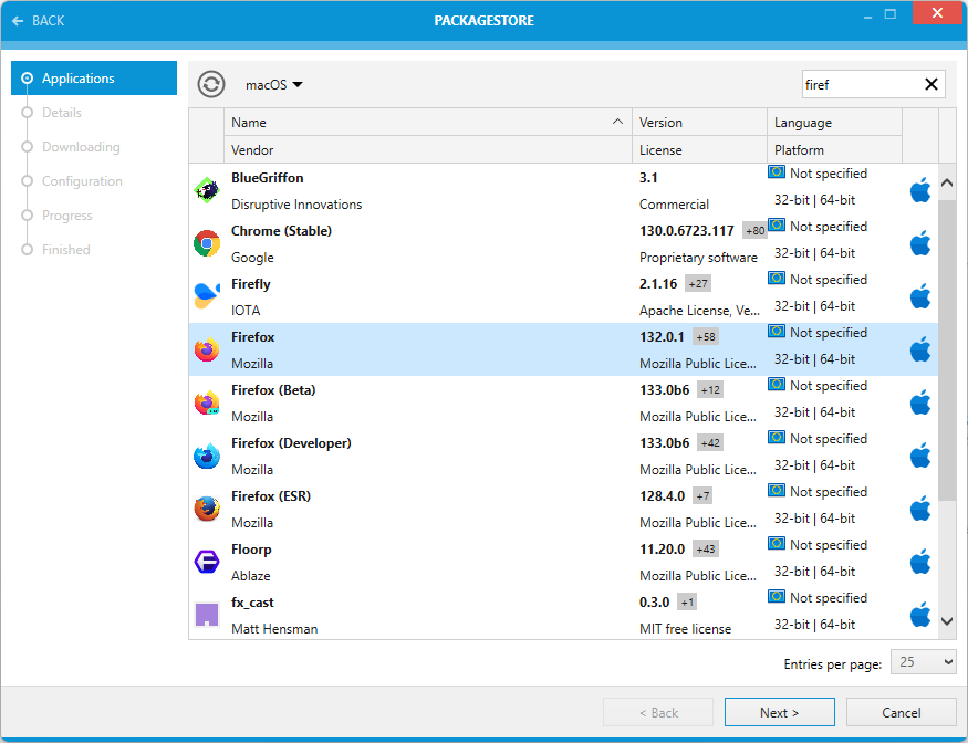 Filter the list by platform and automatically create MacOS packages in DMG or PKG format.