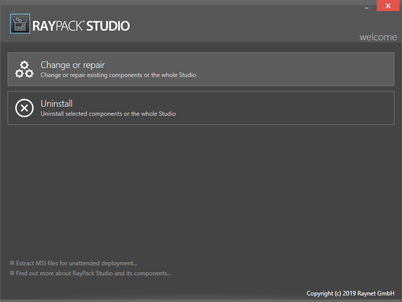 Willkommensseite mit den Kacheln 'Ändern oder Reparieren' und 'Deinstallieren'
