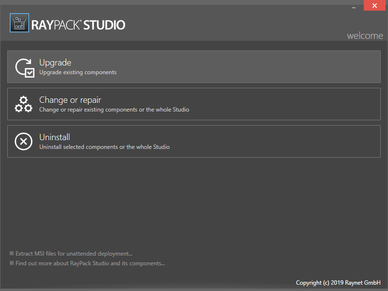 Willkommensseite mit den Kacheln 'Upgrade', 'Ändern oder Reparieren' und 'Deinstallieren'