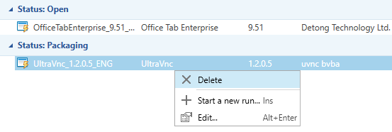 delete run context menu