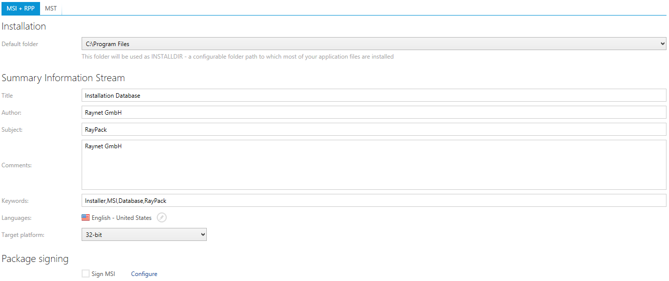 The screen is divided into tabs. Each tab contains a group of settings used by the specific project exporter.