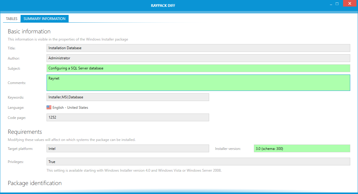 The comparison view of the Summary Information Stream