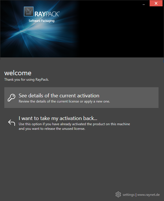 Der Hauptbildschirm, wenn das Produkt bereits aktiviert wurde