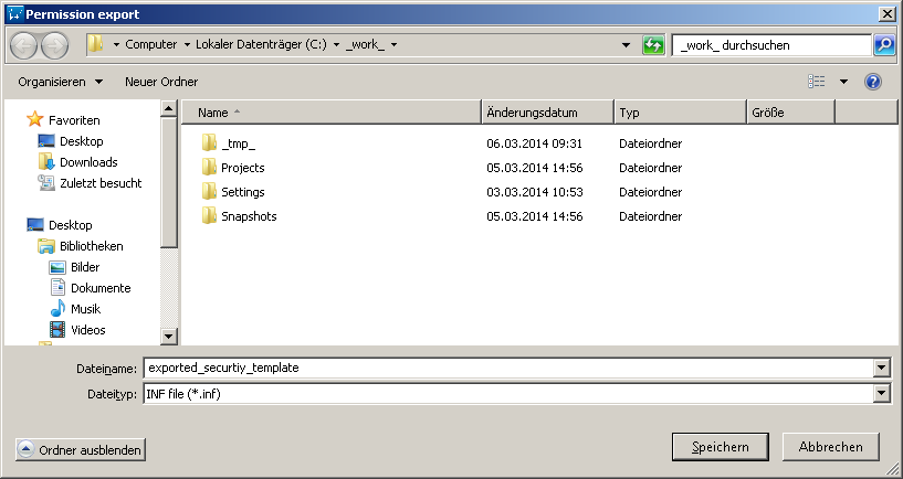 Berechtigungen - Dateien und Ordner - Änderungen in Sicherheitsvorlage exportieren