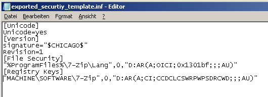 Berechtigungen - Registrierung - Exportierte Sicherheitsvorlage