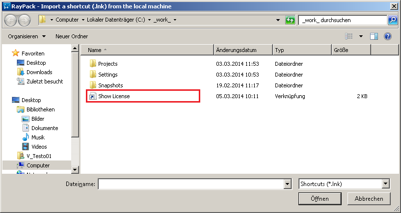 Verknüpfungen - Verknüpfung importieren, zu importierende Verknüpfung auswählen