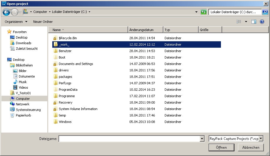Dashboard - Aufnahme-Projekt öffnen