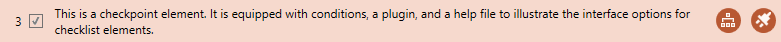 Checkpoint-Elemente, wie sie in der Checklisten-Editor-Oberfläche angezeigt werden. Die Hintergrundfarbe kann aufgrund des Auswahl- und Hover-Zustands des Elements weiß, hellorange oder orange sein.