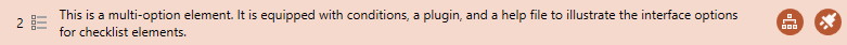 Multi-Option-Elemente, wie sie in der Checklisten-Editor-Oberfläche angezeigt werden. Die Hintergrundfarbe kann aufgrund des Auswahl- und Hover-Zustands des Elements weiß, hellorange oder orange sein.