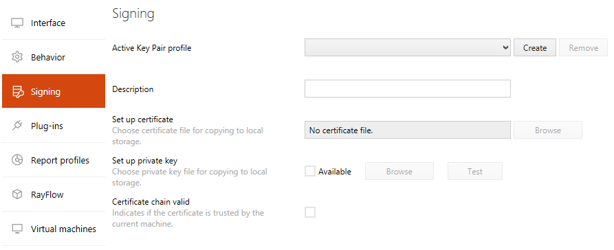 The content area of the settings view signing. The other views of the settings area are available by clicking on their tab labels: behavior, connections, plugins and report profiles