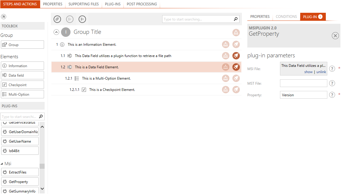 The selected element 1.2 has been extended with a plug-in function. The input parameter File is defined by the value stored within another checklist element: 1.1. The functions of the File plug-in on the left hand side are expanded and contain the GetProperty function, which has been added to element 1.2. A look at the details pane on the right reveals the currently established usage connection, as the plug-in and function name of the related logic are displayed here.