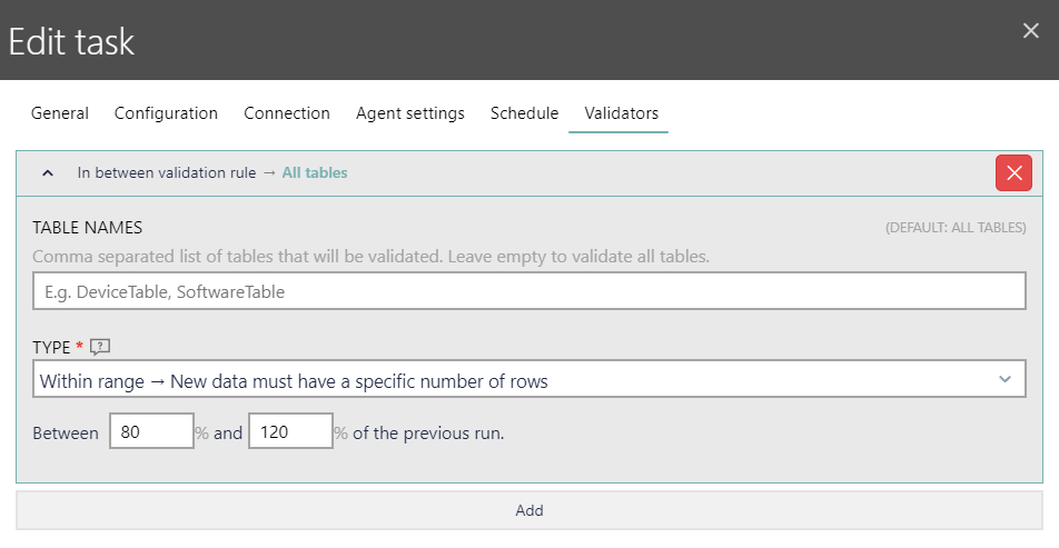 Setting up a validation rule to only accepts incoming data, if it produces between 80 to 120% number of the rows as compared to the previous run.